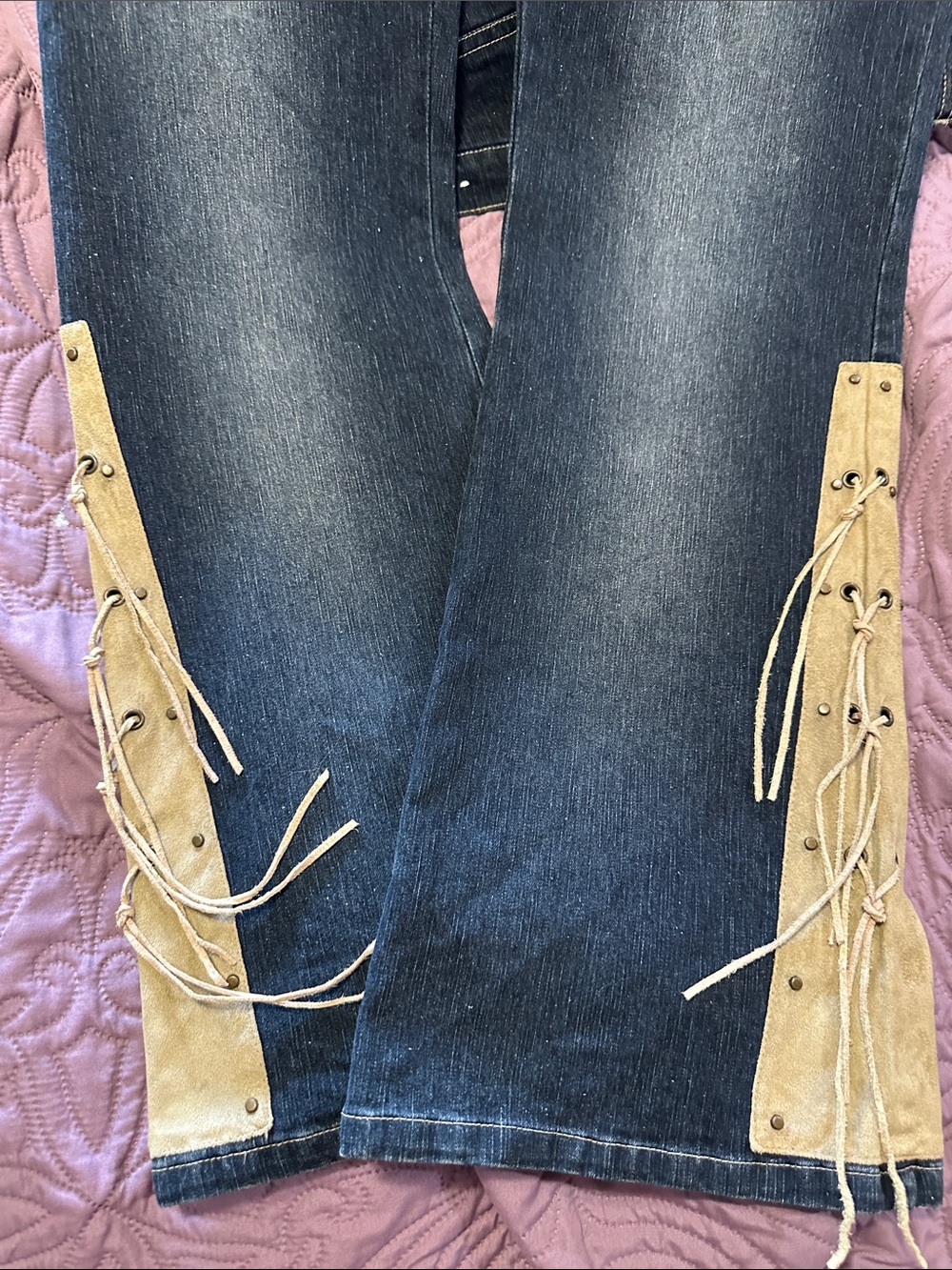 solo Dark Blue Denim Jeans with Tan Drawcord Waist and chaps! Go country! Size 8